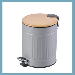 Textured Gray Stainless Steel Trash Can With Wooden Lid (5 Liters/ 1.3 Gallon)